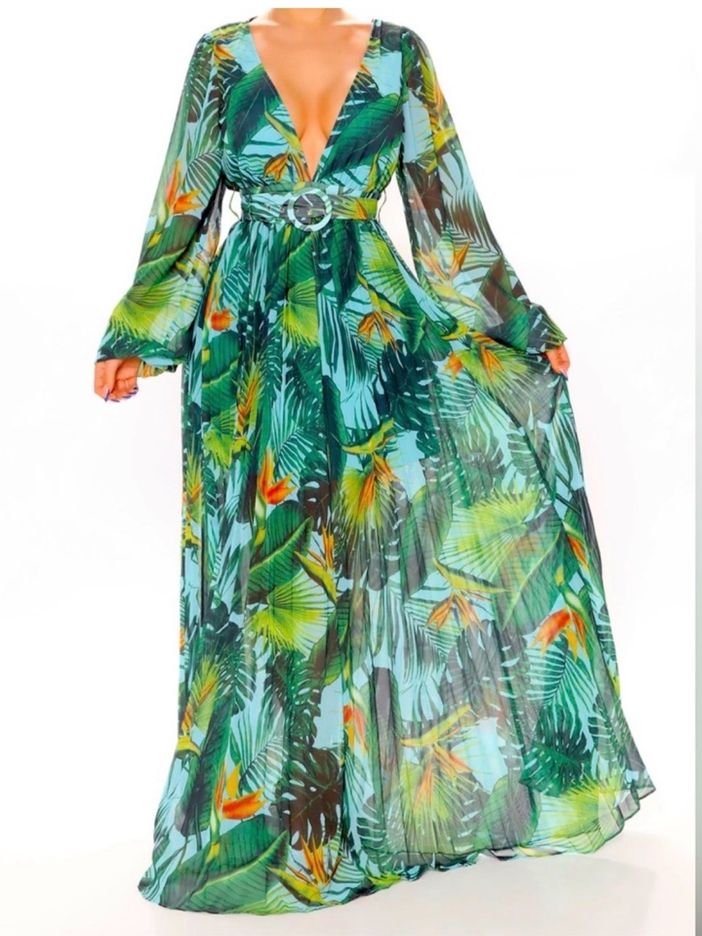 Luxxel AMAZING Deep V Tropical Maxi Dress with Belt and Pleated Skirt Size L